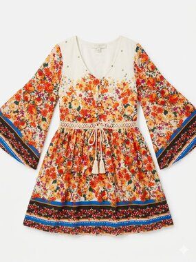 NWOT Parisian Collection Bohemian Floral , Flowy Long Sleeves, Tassel , Size S